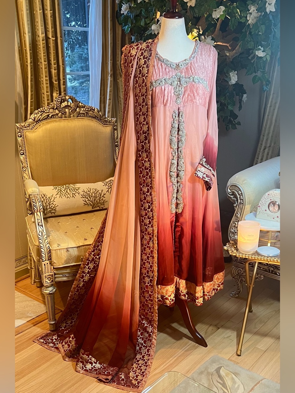 Stunning Ombre Pink to Maroon hand Embroidered Anarkali dress with Dupatta